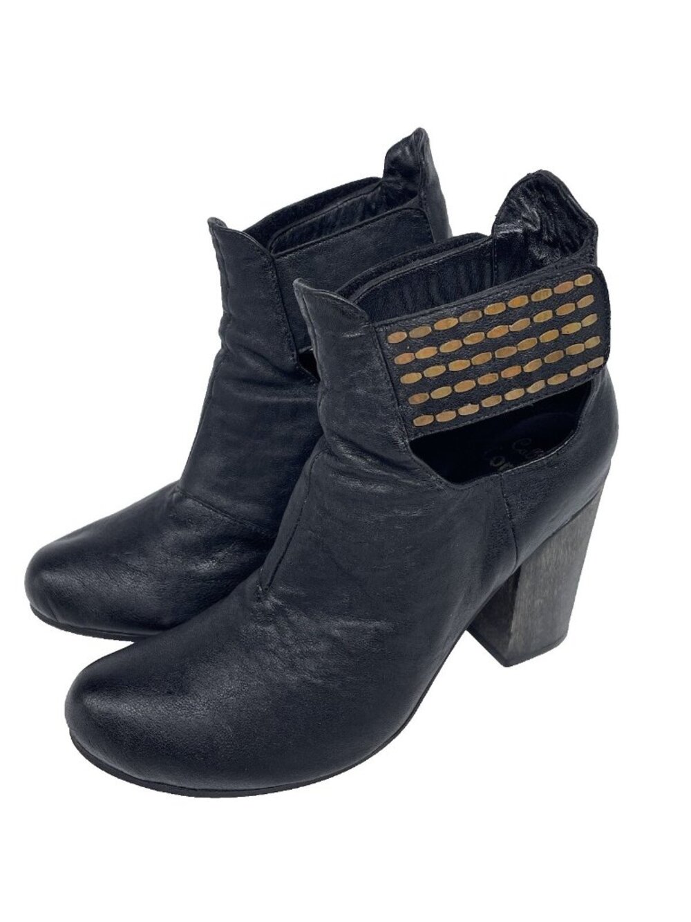 Calleen Cordero Black Leather Studded Cut Out Ankle Booties Heels Women’s 6.5